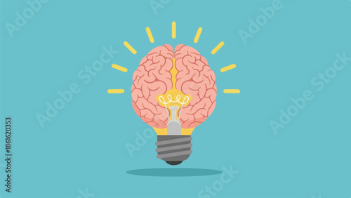 Illustration of a human brain fused with a light bulb on a blue background