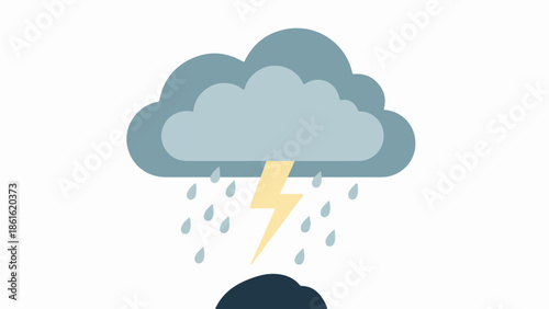 A vivid storm scene with a dark gray and blue cloud, bright yellow lightning bolt, and scattered light blue raindrops on a light gray background