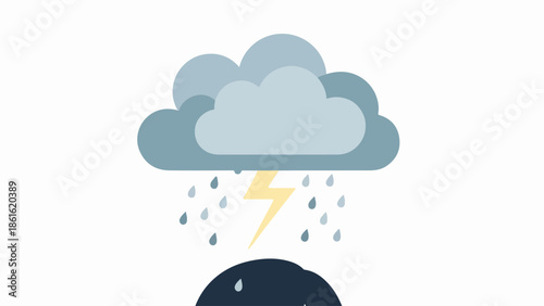 Minimalist illustration of a stormy weather scene with a dark blue cloud and a yellow lightning bolt