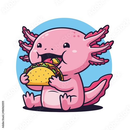 Adorable pink axolotl happily biting into a juicy cheeseburger with lettuce, tomato, and sauce dripping, perfect for fast food logos, burger joint branding, and fun stickers.