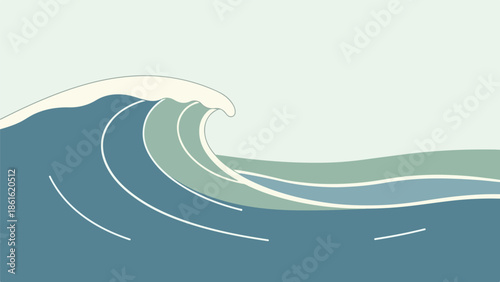 Minimalist illustration of a dynamic ocean wave in mid-motion with flowing lines and layered shades of blue and green