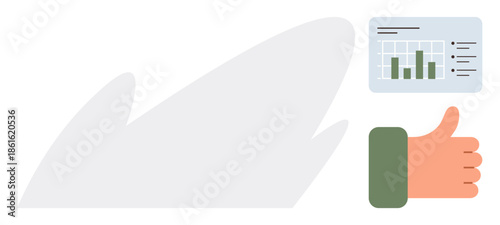 Hand giving thumbs up in approval beside analytics dashboard featuring bar graph and data. Ideal for business, analytics, success, growth, feedback, productivity, teamwork. Simple flat metaphor