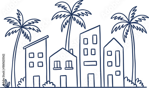 Simple Line of Palm Trees and Buildings in a Tropical Setting