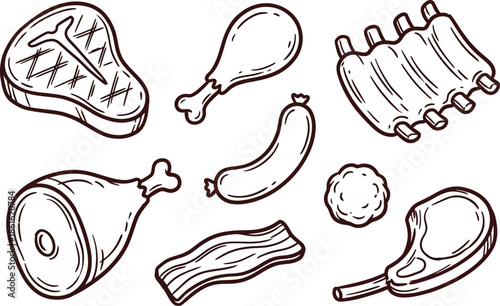 Hand-Drawn Meat and Food on White Background