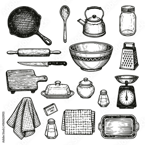 Hand-drawn vintage kitchenware collection in a rustic woodcut style. Set includes cast iron skillet, rolling pin, kettle, and baker tools. Classic black and white engraved culinary elements.