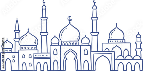 Hand-Drawn Blue Mosque Silhouette with Domes and Minarets