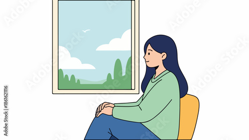 Young woman with dark blue hair sitting on a bright yellow chair gazing through a window at a serene landscape