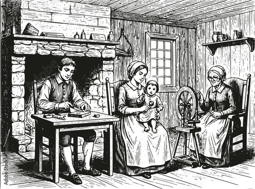 Vintage woodcut illustration of a colonial family in a rustic cabin. A man crafts at a table, a woman holds a child, and an elder uses a spinning wheel by the hearth. Classic historical art.