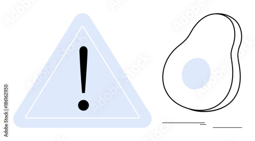 Exclamation mark in a triangle beside a minimalist avocado slice. Ideal for health risks, warnings, food safety, nutrition, alerts, dietary care, awareness. Simple flat metaphor
