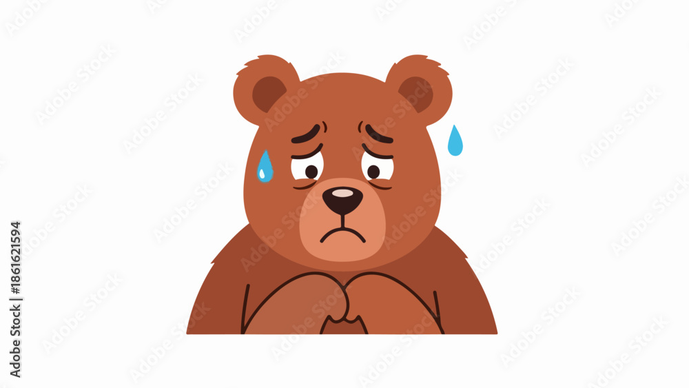 Fototapeta premium Cartoon-style bear with a somber expression, rich brown fur, and black-outlined facial features