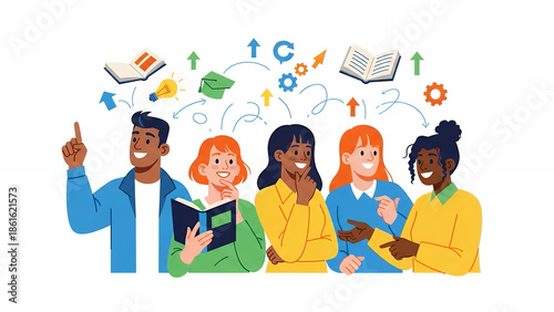 Idea Generation and Collaborative Learning Concept. Diverse Student Group Studying, Sharing Knowledge, and Achieving Success. Flat Vector Illustration.