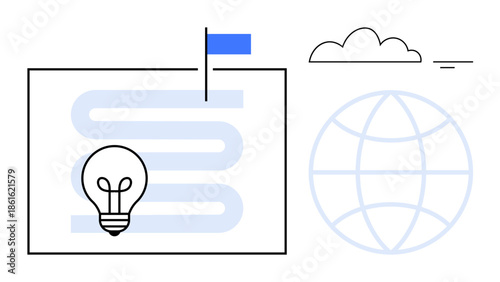 Innovation concept. Innovation through idea pathway, flag for milestones, and global connectivity symbol. Innovation fosters global progress and creative problem-solving. For corporate, strategy