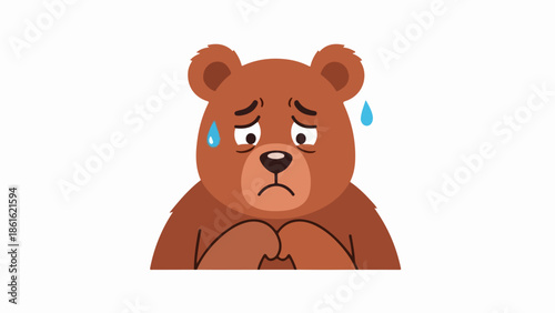 Cartoon-style bear with a somber expression, rich brown fur, and black-outlined facial features