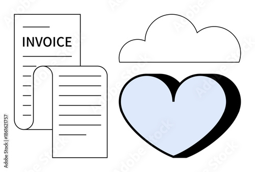 Cloud services, digital billing, financial technology, document storage, online transactions, payment security. invoice, cloud and heart shapes. Cloud services and digital billing concepts