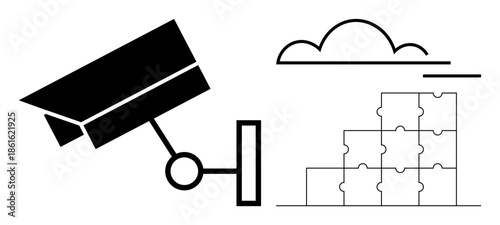 Surveillance concept. Security camera and cloud technology connecting with puzzle icons to depict digital safety. Surveillance ensures monitoring, cybersecurity, and data integration. For technology