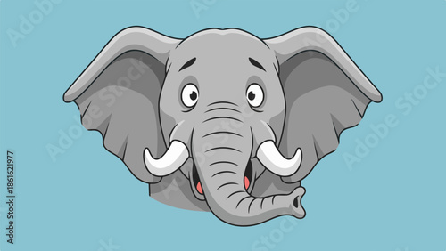Cartoon-style elephant head illustration with muted gray color palette on light blue background