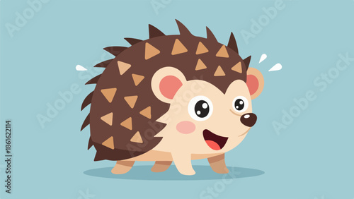 Cheerful hedgehog cartoon illustration with light blue, pink, and brown colors