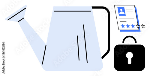 Watering can symbolizing growth, user profile with star ratings showing evaluation, lock representing security. Ideal for personal development, nurturing ideas, evaluation, trust, privacy, strategy