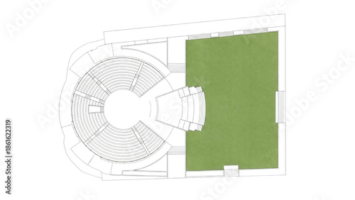 Top-down architectural floor plan of a circular structure with green space