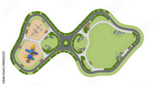 Conceptual park design overhead view of playgrounds, winding paths, and green areas for urban recreation