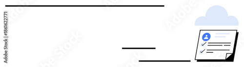 Document with profile icon and checkmarks flying towards cloud, representing digital file storage, data security, and streamlined task management. Ideal for efficiency, organization, technology