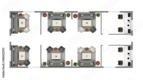 Modern Office Layout with Contemporary Furniture and Seating Arrangements