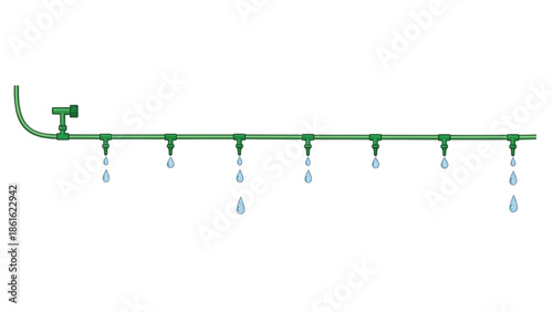 Irrigation drip line with water droplets falling for efficient watering