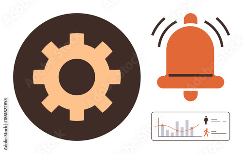 Large gear icon, alert bell, and analytics chart highlight productivity, notifications, and data tracking. Ideal for business, alert management, workflow, team coordination system optimization