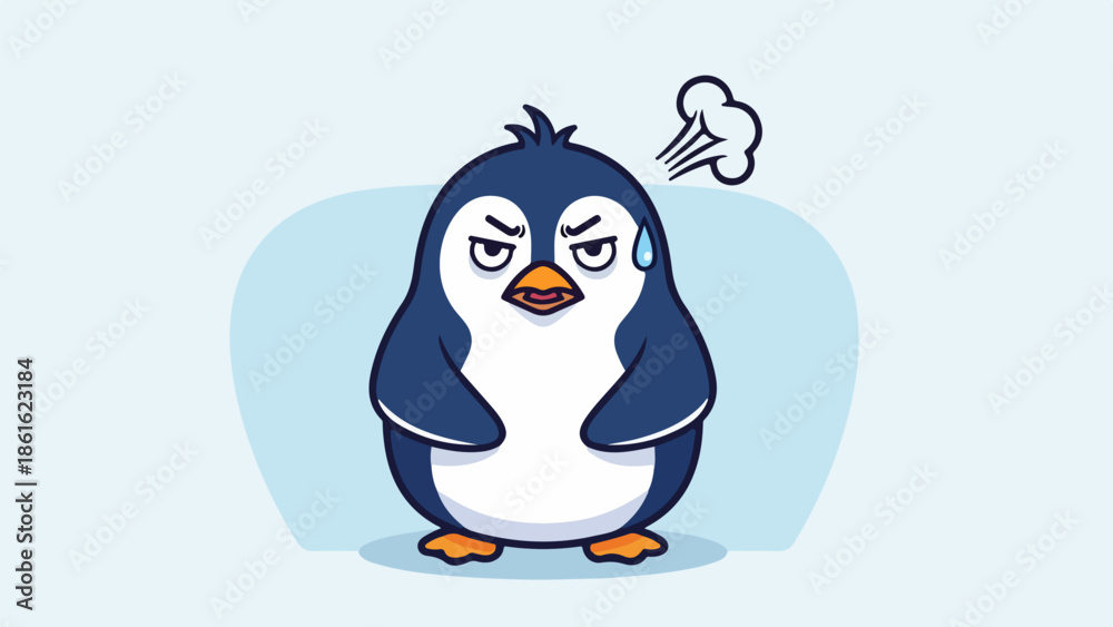 Fototapeta premium Cartoon penguin with blue and white plumage expressing frustration against a light blue background
