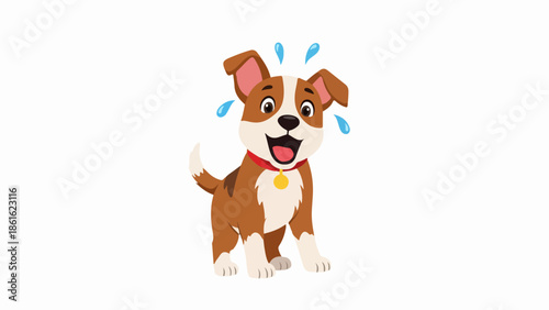 Playful cartoon dog standing on hind legs with water droplets and red collar