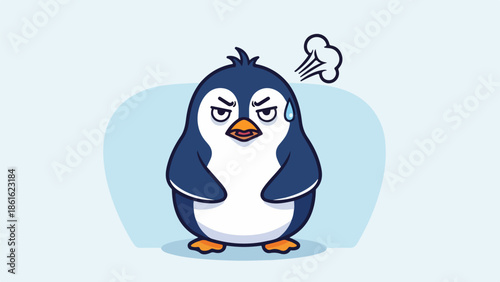 Cartoon penguin with blue and white plumage expressing frustration against a light blue background