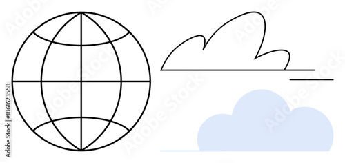 Global connectivity, cloud computing, internet technology, digital communication, data storage, online access. Globe with lines and abstract cloud icon. Global connectivity and cloud computing idea