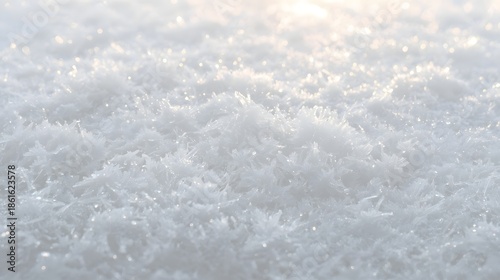 A serene snowy landscape viewed from a low angle, capturing the intricate details of the snow-covered terrain under soft, warm light