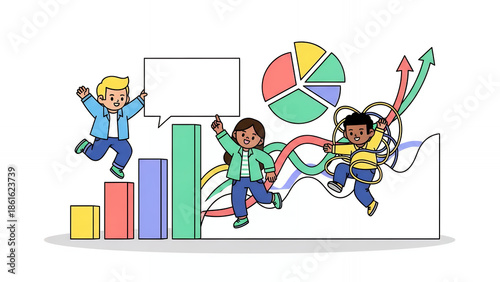 Cartoon Children Team Celebrating Business Success, Financial Growth, and Data Analysis. Bar Chart, Pie Chart, and Upward Arrows.