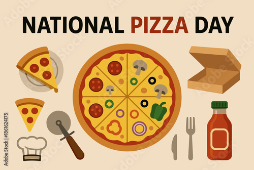 National Pizza Day Celebration with Various Toppings and Accessories