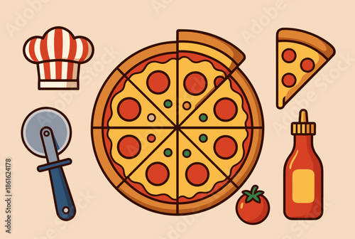 Delicious Pizza with Chef Hat and Cooking Tools Illustration