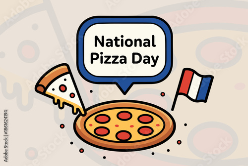 National Pizza Day Celebration with Pizza Slice and Flag Illustration
