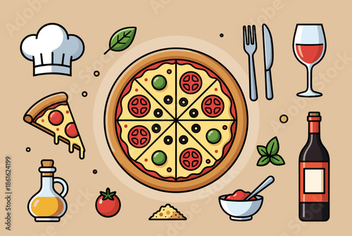 Italian Pizza and Culinary Elements Illustration for Restaurant Menu Design