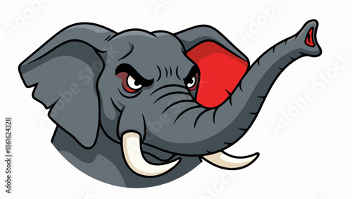 Detailed illustration of an elephant head with textured gray skin, white tusks, and red accents on a neutral background
