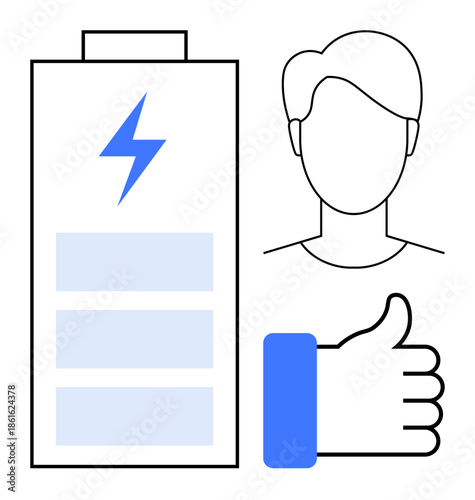 Energy concept. Battery icon power and efficiency alongside a human figure and thumbs up for positivity. Energy in technology, productivity, sustainability, wellness, positivity