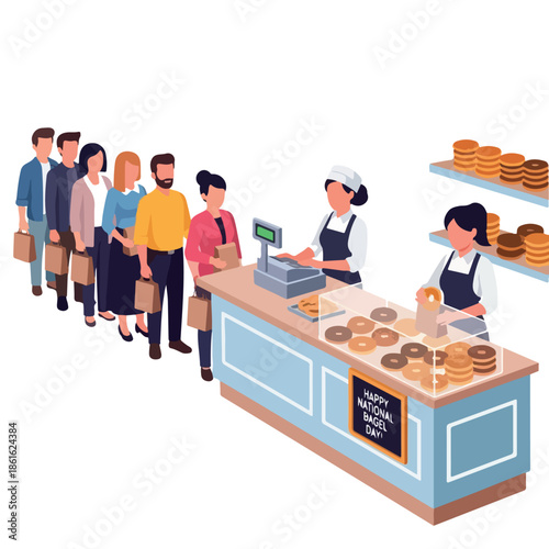 A digital illustration of a diverse line of people waiting to buy bagels from a smiling female baker behind a counter with pastries and a cash register, set against a white background.