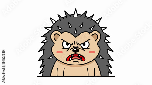 Anthropomorphic hedgehog with fierce expression, gray quills, and light brown face on solid light gray background
