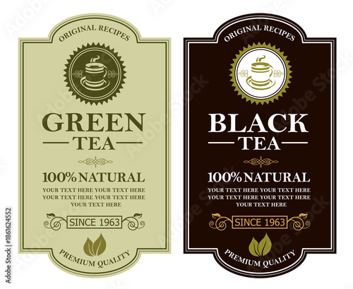 collection of green and black tea labels with leaves and cup