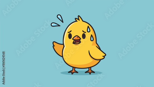 Single yellow chick with orange beak and feet standing on light blue background, looking sad with tears