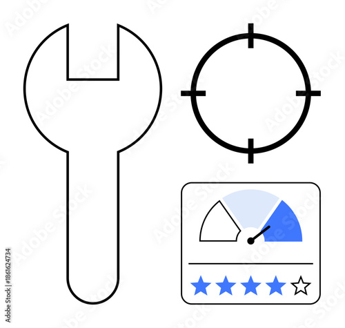 Maintenance concept. Maintenance with a wrench, target, and speedometer highlighting tools, performance, and evaluation. Maintenance improves accuracy, ratings and performance. For tools reviews