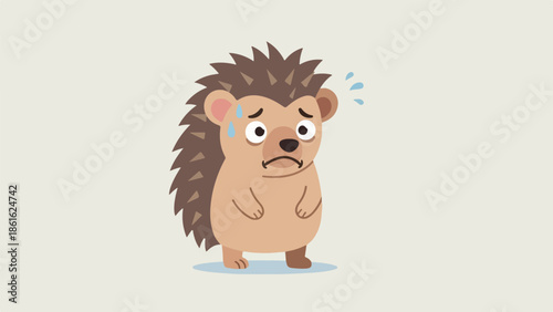 Cartoon hedgehog with brown spikes and pink ears standing upright on beige background