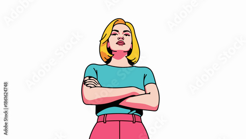 Portrait of a confident young woman with vibrant yellow hair and colorful outfit, cartoon style