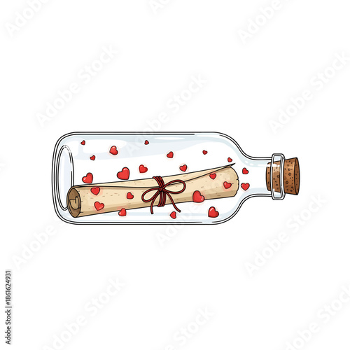 A clear glass bottle containing a rolled message scroll tied with a ribbon and many small red hearts, symbolizing love and communication.
