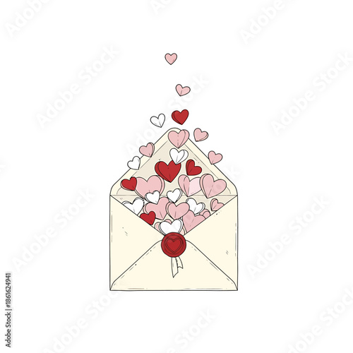 An open cream-colored envelope with a red wax seal, overflowing with numerous pink, red, and white hearts floating upwards, symbolizing love and affection.