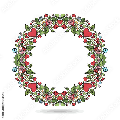 Detailed hand-drawn floral wreath with red hearts, green leaves, and colorful flowers on a white background, perfect for romantic designs.